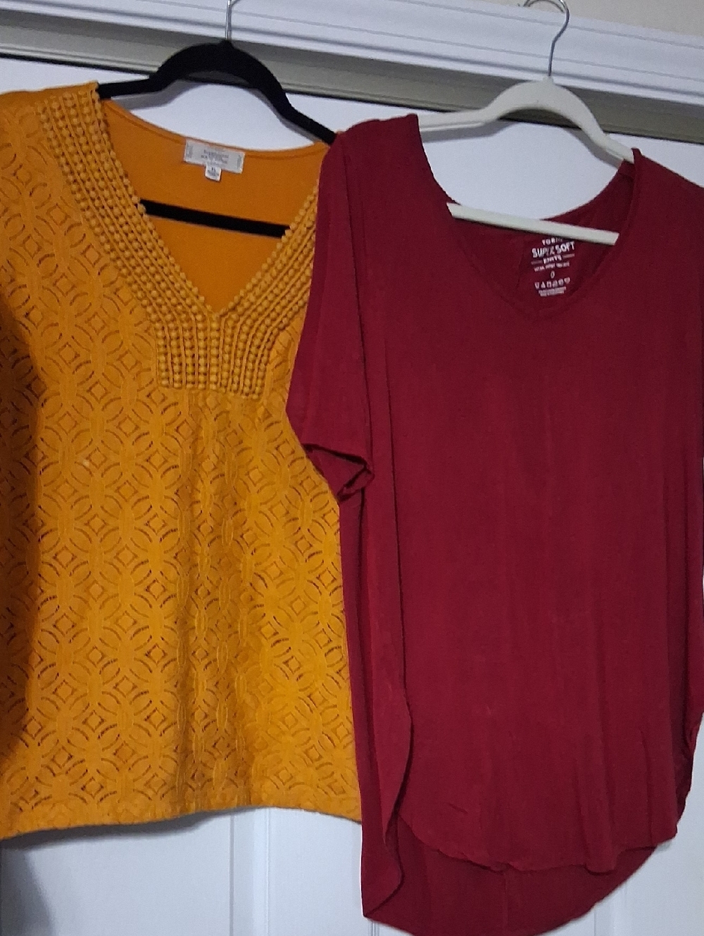 Shannomn Ford Mustard Crochet Yoke Women's Top & Torrid Dark Red Tunic Tee.
